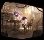 1girl absurdres ahoge akuma_nihmune akuma_nihmune_(cowgirl) ass beer_mug bent_over black_boots boots bottle breasts brown_skirt chair chandelier cleavage commentary cowboy_hat cowgirl_(western) cup demon_horns english_commentary facial_mark hair_between_eyes hanging_breasts hat heart heart_facial_mark highres horns huge_breasts indie_virtual_youtuber lantern long_hair looking_at_viewer mole mole_under_eye mug neckerchief official_alternate_costume official_art pink_eyes purple_hair red_horns red_neckerchief saloon shirt skirt solo stairs standing table thick_thighs thigh_boots thigh_strap thighs virtual_youtuber wanted_poster whispering_for_nothing white_shirt window wooden_floor 