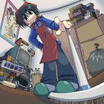  1girl acguy apron bandana black_hair blue_eyes box broom cable censored commentary_request controller crt dom_(mobile_suit) door dreamcast_controller facing_viewer game_console game_controller gogg gundam gundam_0080 gunpla gyan hygogg kuiyogruut leaning_forward mobile_suit_gundam model_kit mosaic_censoring partial_commentary playstation_2 pointing pointing_at_viewer power_strip red_apron red_bandana rick_dom sega_dreamcast short_hair slippers solo sweater trash_bag video_game_case 