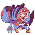  1girl bangs bare_arms bike_shorts blush bow_hairband brown_hair closed_mouth commentary_request eyelashes fanny_pack flexing gen_3_pokemon grey_eyes hairband heart heart_in_mouth highres may_(pokemon) mudkip pokemon pokemon_(creature) pokemon_(game) pokemon_oras pose red_hairband red_shirt rudosan shirt shoes shorts sleeveless sleeveless_shirt squatting swampert white_shorts yellow_bag 