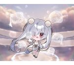  1girl bikini breasts bubble chibi chibi_inset cinderella_(crystal_wave)_(nikke) cinderella_(nikke) cleavage cloud commander_(nikke) commentary_request flower full_body goddess_of_victory:_nikke grave_(nikke) hair_flower hair_ornament hair_over_one_eye highres korean_commentary large_breasts long_hair long_sleeves looking_at_viewer marciana_(marine_study)_(nikke) marciana_(nikke) momori_sensei naga_(nikke) naga_(ring_ensemble)_(nikke) off_shoulder official_alternate_costume open_mouth outdoors outstretched_arm red_eyes ripples sandals sarong shirt signature smile sparkle standing standing_on_liquid swimsuit tia_(nikke) tia_(sea_lizzie)_(nikke) tied_shirt twintails very_long_hair white_bikini white_hair white_sarong white_shirt 