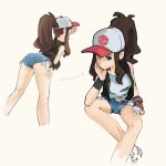  1girl ass black_jacket blue_eyes blue_shorts breasts brown_hair hat highres hilda_(pokemon) holding holding_poke_ball jacket kaguh8 medium_breasts medium_hair one_eye_closed open_fly panties poke_ball poke_ball_(basic) pokemon pokemon_black_and_white ponytail red_panties shirt shoes short_shorts shorts solo underwear white_hat white_shirt white_shoes 