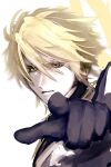  1boy antenna_hair black_bridal_gauntlets blonde_hair bridal_gauntlets closed_mouth commentary_request cracked_skin from_side hair_between_eyes halo halo_behind_head hand_up highres honkai:_star_rail honkai_(series) hsr_xxx jewelry long_hair_between_eyes looking_at_viewer male_focus neck_ring pale_skin phainon_(honkai:_star_rail) phainon_(khaslana)_(honkai:_star_rail) pointing pointing_at_viewer short_hair simple_background solo upper_body v-shaped_eyebrows white_background yellow_eyes yellow_halo 