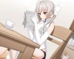  1girl absurdres ahoge alternate_costume bare_shoulders black_panties blurry blurry_background blush bow brown_eyes chair closed_mouth collared_dress commentary_request cup dress dutch_angle elbow_gloves fan_request feet_out_of_frame floral_print floral_print_dress ghost_villager gloves grey_hair hair_between_eyes hair_bow hair_intakes hands_up highres holding holding_newspaper indoors kasugano_sora long_hair newspaper on_chair panties pelvic_curtain print_dress reading rose_print sidelocks sitting sleeveless sleeveless_dress solo straight_hair teacup twintails underwear variant_set white_bow white_dress white_gloves yosuga_no_sora 