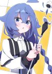  1girl ahoge blue_hair blush braid collared_shirt commentary_request crossed_bangs holding holding_staff hutsugyou long_hair long_sleeves mushoku_tensei open_mouth roxy_migurdia shirt simple_background solo staff twin_braids upper_body very_long_hair white_shirt 