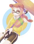  1girl 26tumugi bike_shorts black_shorts closed_mouth commentary_request holding holding_weapon inkling_girl inkling_player_character jacket long_sleeves looking_at_viewer orange_eyes pointy_ears shorts solo splat_roller_(splatoon) splatoon_(series) splatoon_2 suction_cups tentacle_hair weapon yellow_jacket 