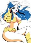  1girl absurdres ahoge blue_eyes blue_hair boots breasts commentary_request cropped_legs crossed_legs dirty_pair earrings gloves halterneck highres holster holstered jewelry large_breasts long_hair minamotoumi navel open_mouth pointing pointing_at_viewer sitting solo thighs wavy_hair white_background yellow_gloves yuri_(dirty_pair) 