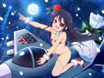  1girl :d aircraft airplane animal_print bikini black_hair blue_gem blush bow cat_print christmas christmas_tree eyepatch fang fighter_jet flat_chest full_moon fur-trimmed_bikini fur_anklet fur_trim fur_wrist_cuffs game_asset gem green_gem hat high_heels holly long_hair looking_at_viewer military_vehicle mini_hat mini_top_hat mirai_(senran_kagura) mitsudomoe_(shape) moon multicolored_bow navel night official_art open_mouth pentagram red_bikini red_eyes red_hat red_nails revealing_clothes sack santa_bikini santa_costume santa_hat senran_kagura senran_kagura_shoujo-tachi_no_shin'ei sky smile solo star_(sky) star_ornament starry_sky straddling swimsuit tomoe_(symbol) top_hat wrist_cuffs 