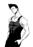  1boy adam's_apple barou_shouei bite_mark bite_mark_on_shoulder blue_lock chuma_a_a closed_mouth collarbone commentary_request covered_abs greyscale hands_in_pockets hickey highres looking_at_viewer male_focus monochrome muscular muscular_male pectoral_cleavage pectorals red_eyes short_hair sidepec simple_background solo spot_color tank_top veins veiny_arms white_background 