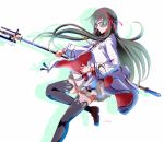  1girl artist_name blunt_ends closed_mouth commentary_request double-parted_bangs floating_hair floating_ribbon grid_skirt hairband haori hime_cut holding holding_weapon japanese_clothes kyoto_xanadu long_hair long_sidelocks long_single_sidelock multicolored_hair red_hairband rikudo_fuka sidelocks thighhighs two-tone_hair weapon white_background white_haori xiacheng_tatsuya 