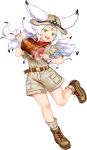  1girl alternate_costume bandana bandana_around_neck belt boned_meat boots brown_belt brown_boots brown_hat brown_shirt brown_shorts brown_socks colored_tips ears_through_headwear food full_body game_asset green_eyes grey_hair hat highres holding holding_food houjuu_chimi lace-up_boots looking_at_viewer meat multicolored_hair official_art open_mouth red_bandana rotte_(1109) shirt short_sleeves shorts simple_background smile socks solo third-party_source touhou touhou_lostword transparent_background 