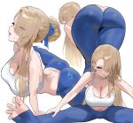  1girl absurdres ass blonde_hair blue_eyes blue_pants breasts brown_dust_(series) brown_dust_2 cleavage commentary feet hair_behind_ear hair_over_one_eye highres hood_(james_x) large_breasts long_hair multiple_views navel no_shoes pants solo sports_bra spread_toes stretching tight_clothes tight_pants toeless_legwear toes white_background white_sports_bra wilhelmina_(brown_dust) yoga yoga_pants 