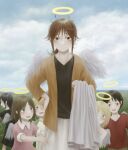  2boys 4girls absurdres aged_up angel_wings black_shirt brown_eyes brown_hair child diu9you field haibane_renmei halo hiding hiding_behind_another highres holding_cloth hug long_skirt medium_hair multiple_boys multiple_girls open_mouth overcast ponytail rakka_(haibane_renmei) shirt skirt sky wings 