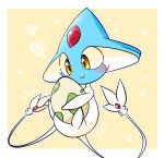  :> absurdres azelf blush border closed_mouth commentary_request egg forehead_jewel full_body heart highres holding holding_egg multiple_tails notice_lines outline pokemon pokemon_(creature) pokemon_egg pokemon_focus shin_(user_66203575) smile solo tail white_border white_outline yellow_background yellow_eyes 