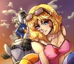  1girl alternate_costume artist_name bare_shoulders blonde_hair blue_eyes breasts cleavage collarbone commentary english_commentary eyewear_on_head gao_ex_kaiser grin gundam heart highres looking_at_viewer mecha medium_breasts mobile_suit mobile_suit_gundam one-piece_swimsuit pink_one-piece_swimsuit robot rx-78-2_gundam sayla_mass science_fiction signature smile swimsuit twilight v-fin wet wet_hair whistle 