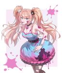  1girl armpits bare_shoulders bear_hair_ornament belt big_hair black_belt black_choker blonde_hair blood blood_on_arm blood_on_clothes blood_on_dress blood_on_face blood_on_hand blood_splatter blue_dress blue_eyes bracelet breasts candy character_hair_ornament choker cleavage collarbone colored_blood commentary danganronpa:_trigger_happy_havoc danganronpa_(series) deadman70232800 dress earrings english_text enoshima_junko fingernails food food-themed_earrings food-themed_necklace hair_ornament highres jewelry licking licking_blood licking_finger light_blush lollipop long_hair long_sidelocks looking_at_viewer monokuma nail_polish pantyhose pink_blood pink_dress red_nails sidelocks simple_background sleeveless smile solo tongue tongue_out torn_clothes torn_pantyhose twintails 