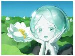  1other androgynous aqua_eyes aqua_hair blue_sky border colored_skin commentary_request crystal_hair day flower head_on_hands highres houseki_no_kuni looking_at_viewer lotus open_mouth other_focus outdoors phosphophyllite portrait shiitake_(siiiitk) short_hair sky solo white_border white_flower white_skin 
