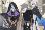  3boys 70_70000 ? antenna_hair arm_strap belt black_belt black_cape black_gloves black_jacket black_pants black_robe black_shirt blue_cape blue_eyes blurry blurry_background blush caelus_(honkai:_star_rail) cape city closed_mouth coat commentary covered_collarbone cowboy_shot cracked_skin crossed_bangs day diamond-shaped_pupils diamond_(shape) distracted_boyfriend_(meme) dual_persona english_commentary fingerless_gloves floating_cape from_behind gauntlets gloves grey_hair hair_between_eyes hair_over_one_eye hand_up highres honkai:_star_rail honkai_(series) hood hooded_jacket hooded_robe index_finger_raised jacket long_sleeves looking_at_another looking_at_viewer looking_back male_focus meme multiple_boys outdoors pale_skin pants phainon_(flame_reaver)_(honkai:_star_rail) phainon_(honkai:_star_rail) pocket_watch robe shirt short_hair single_gauntlet smile standing symbol-shaped_pupils teeth thigh_strap trailblazer_(honkai:_star_rail) watch white_coat white_hair yaoi yellow_eyes yellow_pupils 