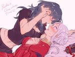  2girls bed blue_eyes blush breasts byleth_(fire_emblem) byleth_(fire_emblem)_(female) chocolate cleavage closed_mouth couple edelgard_von_hresvelg fire_emblem fire_emblem:_three_houses hair_ornament hair_ribbon highres large_breasts long_hair long_sleeves mizuno_(iori-amu) multiple_girls navel open_mouth purple_eyes ribbon short_hair simple_background smile white_hair yuri 
