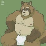  2021 anthro belly brown_body brown_fur bulge canid canine clothing fur goyemon_k green_background kemono male mammal moobs nipples overweight overweight_anthro overweight_male raccoon_dog simple_background sitting solo tanuki underwear 