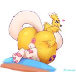  &lt;3 anthro anus bed better_version_at_source big_breasts black_sclera breasts butt dark_sclera digimon digimon_(species) female furniture genitals hi_res huge_breasts looking_back nipples pawpads plump_labia presenting presenting_hindquarters pussy renamom_(slickerwolf) renamon showing_ass slickerwolf smile solo tongue tongue_out 