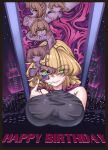  1girl absurdres areola_slip black_shirt blonde_hair blush border breasts brown_border building chinese_commentary cigarette city commentary_request english_text green_eyes happy_birthday heart heart-shaped_pupils highres large_breasts looking_at_viewer mengxiongmao mizuhashi_parsee poster_(medium) revealing_layer shirt short_hair sky skyscraper sleeveless sleeveless_shirt smoke star_(sky) starry_sky symbol-shaped_pupils touhou upper_body variant_set 