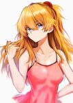  1girl bangs bare_shoulders blue_eyes breasts collarbone commentary_request eyebrows_visible_through_hair holding holding_hair long_hair medium_breasts neon_genesis_evangelion orange_hair simon_(n.s_craft) simple_background sketch solo souryuu_asuka_langley two_side_up upper_body 