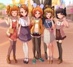  1boy 5girls :d ;) ;d ^_^ absurdres animal_ear_hairband animal_ears bag black_hair black_thighhighs blue_bow blue_bowtie blue_eyes blue_shirt blurry blurry_background bow bowtie brown_eyes brown_hair brown_pantyhose brown_shoes brown_skirt cabbage_(chlehd2239) cardigan cat_ear_hairband cat_ears closed_eyes closed_mouth commentary_request day dress fake_animal_ears floral_print floral_print_skirt green_shoes hair_bow hairband hand_on_another's_shoulder hand_up handbag highres holding_hands idolmaster idolmaster_(classic) idolmaster_million_live! idolmaster_million_live!_theater_days jacket long_hair looking_at_viewer minase_iori minase_iori_(private_dress) mouse_ears multiple_girls nakatani_iku nakatani_iku_(private_dress) official_alternate_costume ogami_tamaki ogami_tamaki_(private_dress) one_eye_closed one_side_up open_cardigan open_clothes open_jacket open_mouth orange_hair outdoors p-head_producer pantyhose pink_bow pink_cardigan pink_eyes plaid_clothes plaid_dress plaid_skirt print_skirt producer_(idolmaster) purple_skirt red_dress red_shorts shirt shoes short_hair shorts skirt smile socks standing suou_momoko suou_momoko_(private_dress) takatsuki_yayoi takatsuki_yayoi_(private_dress) thighhighs twintails two-tone_bow v white_pantyhose white_shirt white_skirt white_socks yellow_jacket 