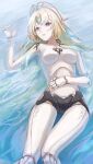  1girl absurdres android blonde_hair breasts bright_pupils commentary_request cowboy_shot fins forehead_jewel from_above hand_on_own_stomach hand_up head_fins highres honkai:_star_rail honkai_(series) isome joints long_hair looking_at_viewer lying medium_breasts no_nipples no_pussy nude on_back open_mouth partially_submerged pearl_(honkai:_star_rail) purple_eyes robot_joints shallow_water solo water 