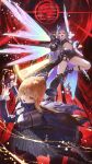  2girls absurdres ahoge artoria_pendragon_(fate) black_gloves black_jacket black_shorts blonde_hair blue_dress commentary_request crossover dress excalibur_(fate/stay_night) eyewear_on_head fate/stay_night fate_(series) fingerless_gloves fishnet_socks fishnets gloves gradient-tinted_eyewear green_eyes grey_eyes grey_hair hair_between_eyes highres holding holding_sword holding_weapon honkai:_star_rail honkai_(series) jacket long_hair long_sleeves looking_at_viewer mugetsu2501 multiple_girls navel open_mouth ponytail purple-tinted_eyewear saber_(fate) saber_(honkai:_star_rail)_(fate) shorts sidelocks silver_wolf_(honkai:_star_rail) silver_wolf_(lv.999)_(honkai:_star_rail) single_fingerless_glove single_mechanical_glove socks sword tinted_eyewear weapon 