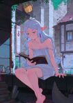  1girl barefoot book cesar_art456 commentary dress earrings elf english_commentary english_text frieren green_eyes grey_hair hand_rest highres holding holding_book jewelry leaf leaf_on_head long_hair parted_bangs parted_lips pointy_ears reading sitting sleeveless sleeveless_dress solo sousou_no_frieren strap_slip sweatdrop thick_eyebrows white_dress 