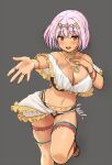  1girl :d bare_shoulders black_bra black_panties bra breasts cleavage collar dancer dark_skin frills grey_background hand_up highres large_breasts leg_up looking_at_viewer midriff multi-strapped_panties navel open_mouth original outstretched_arm panties pink_hair red_eyes revealing_clothes sandals sawada_yuusuke short_hair simple_background smile solo stomach thighs tiara underwear 