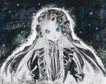  1girl black_dress black_veil blue_eyes bonnet braid bright_pupils character_name closed_mouth commentary dark_background dress elden_ring elden_ring_nightreign facing_viewer gothic_lolita highres juliet_sleeves lolita_fashion long_hair long_sleeves low_twin_braids official_alternate_costume pale_skin puffy_sleeves revenant_(elden_ring) senoitiziku solo twin_braids untranslatable_commentary upper_body veil white_hair white_pupils 