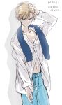  1girl androgynous bangs bishoujo_senshi_sailor_moon blonde_hair blue_eyes blue_pants cowboy_shot denim hand_in_hair highres jeans looking_at_viewer pants shirt short_hair solo takayo_(retry) ten&#039;ou_haruka towel towel_around_neck twitter_username unbuttoned unbuttoned_shirt very_short_hair wet wet_hair white_background white_shirt 