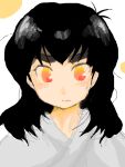  1boy 3: androgynous black_hair commentary cowlick dougi facing_viewer flaming_eyes gradient_eyes judo long_hair loose_hair_strand male_focus multicolored_eyes nervous obi oekaki portrait rvx sash shirt simple_background solo straight-on sugita_doryouku tegaki thick_eyebrows tottemo!_luckyman white_background white_shirt 