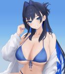  1girl alternate_costume armpit_crease bare_shoulders bikini black_hair blue_background blue_bikini blue_eyes blue_hair blue_nails braid breasts colored_inner_hair commentary d5y0m dated_commentary film_grain fingernails front-tie_bikini_top front-tie_top grin hair_intakes hand_up highres hololive hololive_english large_breasts light_blush long_fingernails long_hair long_sleeves looking_at_viewer multicolored_hair nail_polish navel off_shoulder open_clothes open_shirt ouro_kronii shirt smile solo string_bikini swimsuit two-tone_hair upper_body virtual_youtuber white_shirt 