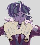  1boy 1girl blue_hair blunt_bangs closed_mouth collared_shirt commentary_request formal_clothes green_hair green_vest grey_background high_ponytail highres holding holding_paper holding_scroll horns jacket korean_commentary long_hair long_sleeves looking_at_viewer male_focus multicolored_hair my_little_pony my_little_pony:_friendship_is_magic necktie other_focus oxoooo paper pinky_out ponytail purple_hair purple_jacket red_jacket red_necktie scroll shirt simple_background single_horn smile solo starlight_glimmer streaked_hair suit upper_body vest white_shirt 