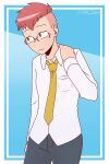 1girl alternate_hair_length_(shorter) androgynous black_pants blue_background border breast_pocket collared_shirt commentary commission cowboy_shot english_commentary glasses grey-framed_eyewear hand_on_own_shoulder highres kobayashi-san_chi_no_maidragon kobayashi_(maidragon) long_sleeves necktie pants pocket red_eyes red_hair reverse_trap semi-rimless_eyewear shirt short_hair signature silent-shanin solo standing undercut very_short_hair white_border white_shirt yellow_necktie 