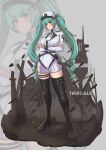  1girl absurdres aqua_hair backsine black_boots blue_hair blush boots breasts closed_mouth crossed_arms goddess_of_victory:_nikke hat high_heel_boots high_heels highres holster large_breasts long_hair looking_at_viewer privaty_(nikke) thigh_boots thighhighs twintails very_long_hair white_unitard yellow_eyes zoom_layer 
