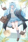  1girl :d animal_ears bag black_hairband black_robe blue_eyes blue_hair blue_skirt blush book breasts briefcase brown_bag brown_shoes cardigan cat_ears cat_girl collared_shirt commentary_request crossed_bangs day double-parted_bangs floating floating_book floating_object foot_up_heel_up full_body full_moon glasses grey_cardigan grey_socks hair_between_eyes hair_intakes hair_rings hairband highres holding holding_wand indie_virtual_youtuber inuyayo kneehighs loafers long_hair long_sleeves looking_at_viewer medium_breasts miniskirt mole mole_under_eye moon multicolored_hair necktie open_book open_clothes open_mouth open_robe outdoors pink_necktie plaid_clothes plaid_skirt pleated_skirt robe round_eyewear school_briefcase second-party_source shirt shirukuma_riune shoes sidelocks single_hair_ring skirt smile socks solo standing standing_on_one_leg streaked_hair very_long_hair virtual_youtuber wand white_shirt white_streaks wide_sleeves yellow-framed_eyewear 