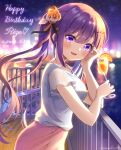  1girl :d bangs bare_arms blurry blurry_background blush bokeh commentary cup depth_of_field drink drinking_glass eyebrows_visible_through_hair flower food from_side fruit gochuumon_wa_usagi_desu_ka? hair_between_eyes hair_flower hair_ornament hairclip happy_birthday holding holding_drink long_hair looking_at_viewer looking_to_the_side mozukun43 night open_mouth orange orange_slice outdoors pink_skirt purple_eyes purple_hair railing shirt short_sleeves skirt smile solo tedeza_rize twintails twitter_username water white_shirt 
