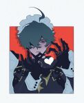 1boy ahoge black_gloves black_jacket closed_mouth commentary crossdressing crossdressing_(mtf) enmaided four-finger_heart_hands gloves green_eyes green_hair hair_over_one_eye hands_up heart heart_hands highres jacket lighter_(zenless_zone_zero) looking_at_viewer maid maid_headdress male_focus male_maid poon1107 portrait red_background red_pupils short_hair solo untranslatable_commentary zenless_zone_zero 