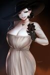  1girl alcina_dimitrescu black_flower black_gloves black_hair black_rose breasts cleavage dress earrings easonx flower gloves hat highres jewelry large_breasts lipstick looking_at_viewer makeup necklace pale_skin resident_evil resident_evil_village rose short_hair simple_background smile solo sun_hat white_dress yellow_eyes 