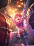  1girl absurdres arm_warmers artist_request bang_dream! bang_dream!_our_notes commentary_request drum drum_set drumsticks fishnet_thighhighs fishnets grey_arm_warmers grey_leg_warmers hair_ornament highres holding holding_drumsticks instrument leg_warmers light_particles looking_at_viewer midriff mismatched_arm_warmers navel official_alternate_costume open_mouth pink_hair see-through_clothes see-through_shirt shirt short_sleeves single_thighhigh solo stage_lights star_(symbol) star_hair_ornament striped_arm_warmers sweat teeth thighhighs twintails umezato_chieri upper_teeth_only yellow_eyes 