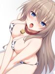  1girl 9-nine- absurdres alternate_costume animal_collar animal_print armpit_crease bell bikini blue_eyes blush breasts brown_hair cleavage collar commentary_request cow_print cow_print_bikini cowbell cowboy_shot dutch_angle eyes_visible_through_hair fan_request from_above ghost_villager hair_between_eyes highres kujou_miyako large_breasts long_hair looking_at_viewer looking_up neck_bell open_mouth print_bikini saliva sidelocks simple_background sitting skindentation solo swimsuit tongue tongue_out v_arms very_long_hair white_background 