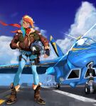  1girl aircraft airplane black_gloves blue_hair bomber_jacket boots brown_jacket cloud day denim fighter_jet fingerless_gloves gloves hand_in_pocket helmet highres holding holding_unworn_helmet holyuppio jacket jeans long_hair military military_vehicle multicolored_hair my_little_pony my_little_pony:_friendship_is_magic pants personification pilot rainbow_dash rainbow_hair red_hair scarf science_fiction sky smile solo unworn_headwear unworn_helmet vehicle_focus 
