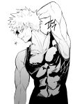  1boy absurdres arm_behind_head arm_up armpits bakugou_katsuki bare_shoulders boku_no_hero_academia bruise bruise_on_face collarbone commentary_request covered_abs covered_pectorals cowboy_shot greyscale highres injury korean_commentary looking_to_the_side male_focus monochrome muscular muscular_male pectorals profile short_hair sideways_glance simple_background skin_tight solo spiked_hair tank_top white_background xx_rkgk 