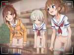  3girls bar_censor bottomless bow bow_panties brown_hair censored changing_room closed_mouth commentary_request commission english_commentary grey_hair hair_ornament hair_ribbon hidden_camera high_school_fleet hood hood_down hooded_jacket indoors irizaki_mei jacket laundry_basket leaning_forward long_hair long_sleeves looking_at_another looking_to_the_side misaki_akeno multiple_girls neckerchief open_mouth orange_jacket panties panty_pull partially_unzipped pee_stain pixiv_commission purple_eyes recording red_neckerchief red_ribbon ribbon sailor_collar sailor_shirt school_emblem school_uniform shirt short_sleeves sideways_glance smile special_cat stained_panties tateishi_shima triangle_hair_ornament twintails underwear undressing variant_set white_panties white_sailor_collar white_shirt wide_ponytail yellow_ribbon zipper_pull_tab 