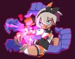  1girl bangs bea_(pokemon) black_bodysuit black_hairband bodysuit bodysuit_under_clothes bow_hairband clenched_hands collared_shirt commentary_request dynamax_band gen_1_pokemon gloves grey_eyes grey_hair gym_leader hair_between_eyes hairband highres knee_pads machamp number open_mouth partially_fingerless_gloves pokemon pokemon_(creature) pokemon_(game) pokemon_swsh print_shirt print_shorts rudosan shirt short_hair short_sleeves shorts side_slit side_slit_shorts single_glove tied_shirt 