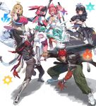  2boys 3girls absurdres ahoge animal_ears aqua_streaks aria_(human)_(zenless_zone_zero) aria_(robot)_(zenless_zone_zero) aria_(zenless_zone_zero) arm_behind_head arm_up arms_under_breasts billy_kid billy_kid_(starlight) black_hair black_jacket black_sclera blonde_hair blue_eyes blush breasts chain chalky_(zenless_zone_zero) cissia_(zenless_zone_zero) closed_mouth clothed_robot colored_inner_hair colored_sclera commentary crossed_arms dog_boy dog_ears dog_tail dress ellen_joe fins fish_tail full_body fur-trimmed_jacket fur_trim green_eyes hair_between_eyes highres holding holding_weapon horns humanoid_robot jacket joints komano_manato large_breasts long_hair looking_at_viewer maid_headdress multicolored_hair multiple_boys multiple_girls open_mouth over_shoulder pantyhose pink_hair reallycute456 red_eyes red_hair red_scarf robot robot_boy robot_girl robot_joints scar scar_across_eye scar_on_face scarf shadow shark_girl shark_tail shirt short_hair simple_background smile snake snake_girl snake_tail spiked_hair spikes streaked_hair tail torn_clothes torn_scarf two-tone_hair weapon weapon_over_shoulder white_background white_hair white_snake white_wings wings yellow_eyes zenless_zone_zero 