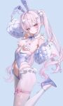  1girl abpart ahoge animal_ear_hairband animal_ears animal_on_shoulder argyle_clothes argyle_pantyhose blue_background blue_bow blue_bowtie blue_shoes bow bowtie breasts commentary_request detached_sleeves english_commentary fake_animal_ears hair_ornament hairband heart heart_ahoge heart_hair_ornament high_heels highres leg_up looking_at_viewer mixed-language_commentary navel original pantyhose pink_bow pink_hair playboy_bunny pointy_ears purple_eyes rabbit rabbit_ear_hairband rabbit_ears rabbit_on_shoulder shoes simple_background small_breasts solo standing standing_on_one_leg thigh_bow twintails white_pantyhose 